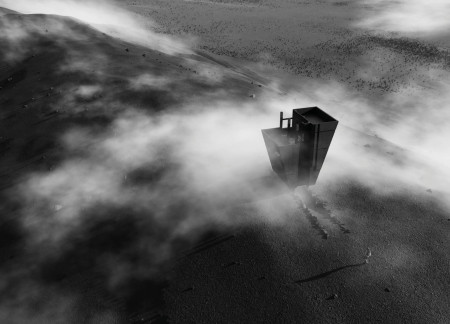 Monolithic Structure of Burnt Wood and Volcanic Stone Overlooking a Volcanic Landscape