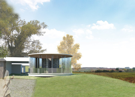 Circular Structure with Gabion Walls and Metal Mesh Facade for Wine Tasting Experience