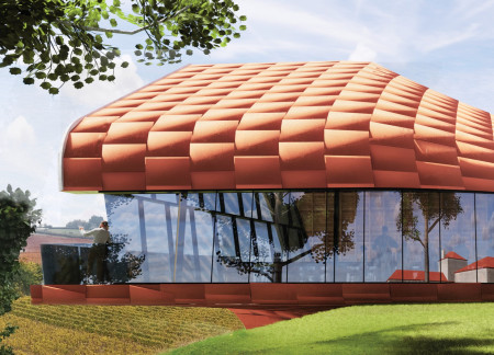 Terracotta Shell and Cantilevered Views in a Vineyard Tasting Room