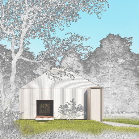 Brass Altar and Dark Plywood Illuminate a Sustainable Meditation Cabin