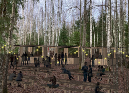 Fold-Out Louvers Enhancing Community Dining in Natural Wood Settings