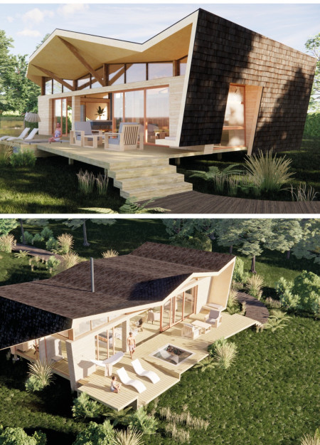 Folded Geometry with Laminated Veneer Lumber and Charred Wood Shingles in a Sustainable Retreat