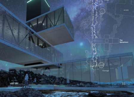 Cantilevered Observation Core Overlooking Tectonic Landscapes in Black Concrete