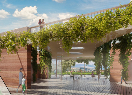 Rammed Earth Structure Enhances Vineyard Views with Glass Volume and Courtyard Space