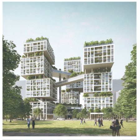 Elevated Community Hub with Vertical Gardens and Integrated Urban Farming