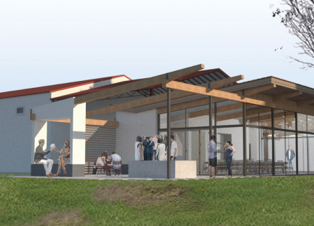 Glass Box Overlooking Vineyards with Stucco and Wood Elements