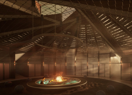 Spiral Form with Glass Dome and Sustainable Timber Integration in Communal Living