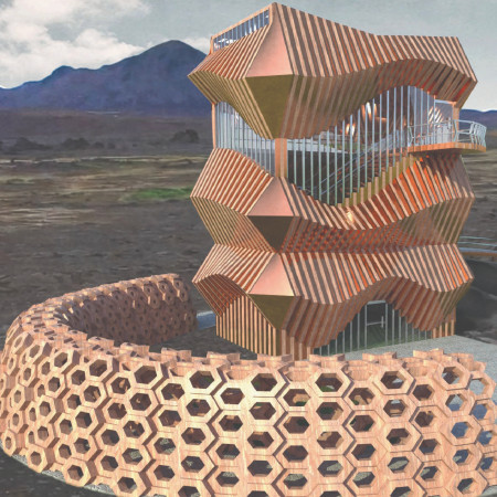 Cavelike Corridor Framed by Polished Copper and Wooden Panels