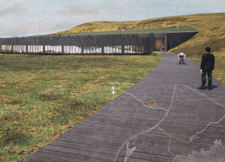 Basalt Clad Community Hub Featuring Earth Plaster and Green Roof Integration