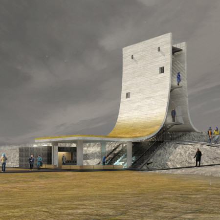 Curved Concrete Plates over Fault Line with Geothermal Hearth for Visitor Engagement