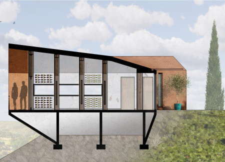 Limestone Stucco Structure with Angled Views over Rolling Vineyards