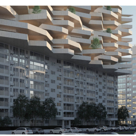 Terraced Community Spaces Featuring Engineered Wood and Green Roofs in Urban Design