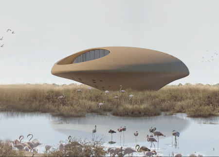 Egg-Shaped Gathering Space Overlooking Flamingo Habitats