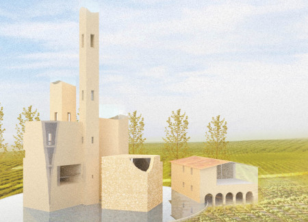 Reflective Basin and Brick Towers for Vineyard Guest Experience