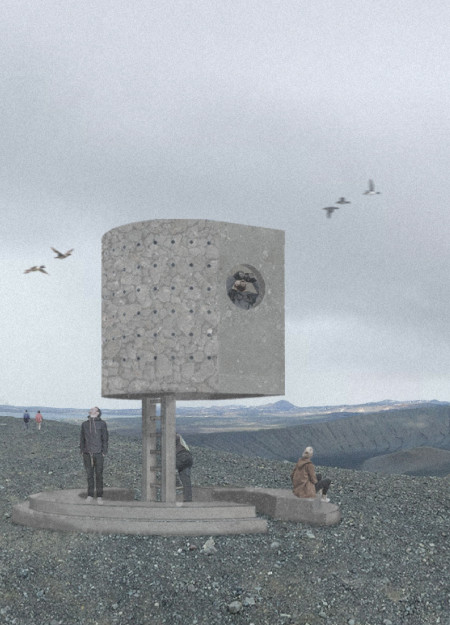 Curved Wall Lookout Integrating Volcanic Ash Concrete and Avian Nesting Boxes