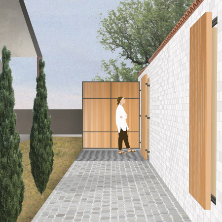 Brick Screen and Mosaic Floors in a Communal Wine Tasting Space