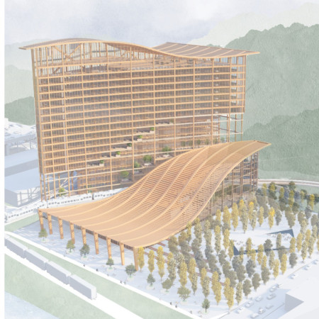 Curved Roof Form Integrates Mass Timber with Riverbank Context