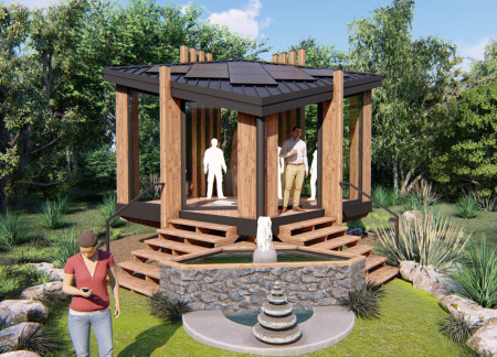 Rainwater Fountain and Glazed Altar in a Trapezoidal Timber Retreat