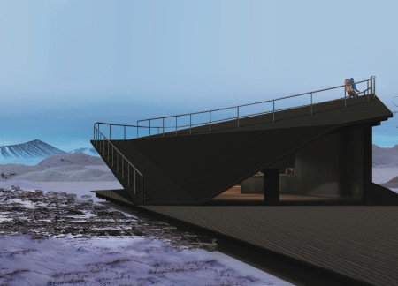 Burnt Wood Structure Embracing Geological Insights in Icelandic Landscape
