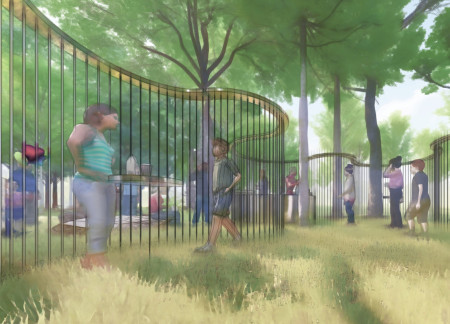 Wooden Pavilion Embracing Existing Trees in a Forested Festival Setting