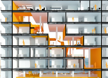 Colorful Collective Spaces with Porcelain and Steel Integration