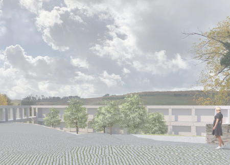 Semi-Buried Event Space with Vineyard Views and L-Shaped Design