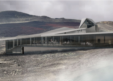 Coated Steel and Concrete Greenhouse Integrated into Volcanic Landscape Restaurant