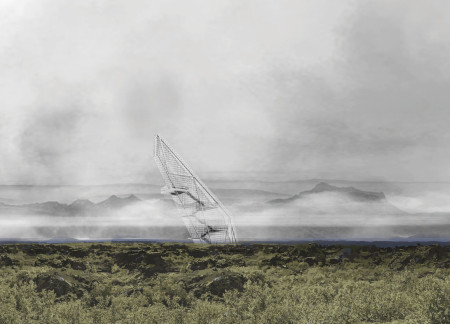 Vertical Tower Framing Fault Line Views in Icelandic Landscape