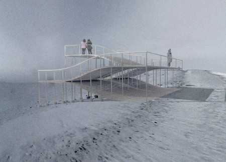 Curved Timber Platforms Providing Shelter Within Volcanic Landscape