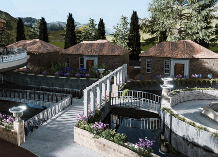 Roman Columns Framing Sunset Views in a Winery Surrounded by Vineyards