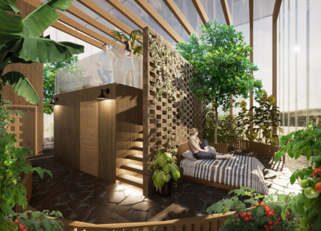 Frost Flower Facade with Cross-Laminated Timber and Local Lava Rocks