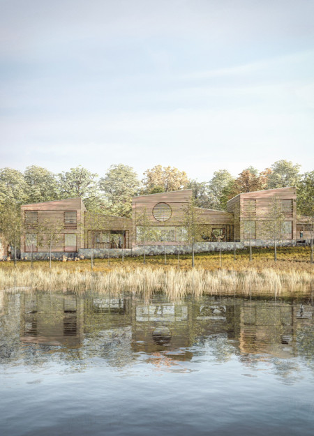 Sedum-Covered Cabins with Integrated Bat Habitats by Lake Cernostes