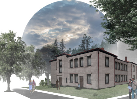 Fireplace-Centered Community Space with Local Soil and Stone Integration