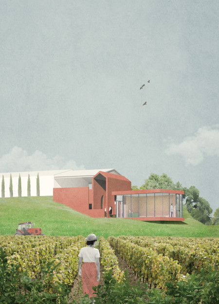 Red Brick Tasting Room with Green Arched Gateway