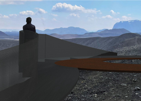 Corten Steel Platform with Coiling Railing over Volcanic Landscape