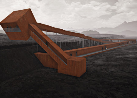 Corten Steel and Wooden Pathway Enhancing Geological Exploration