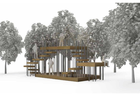 Reflections of Nature Through Vertical Poles and Overlapping Floors