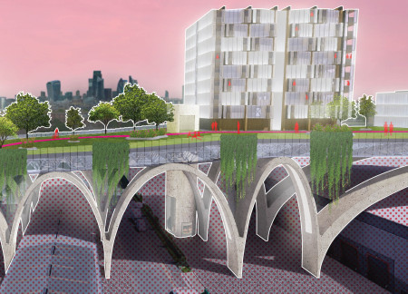 Elevated Concrete Archways Supporting Green Urban Living