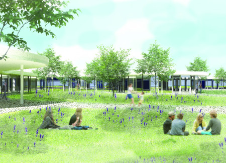 Curved Glass Facade with Expansive Vegetal Patios Enhancing Workplace Connectivity