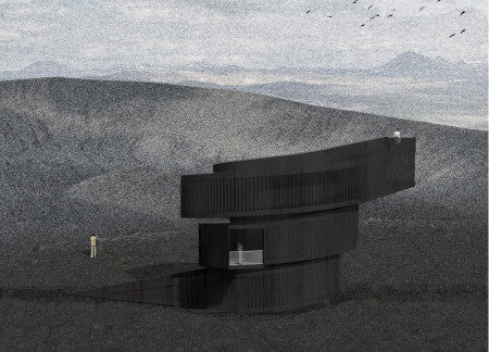 Circular Craters and Wooden Elements Elevate Aurora Observation in Volcanic Landscape