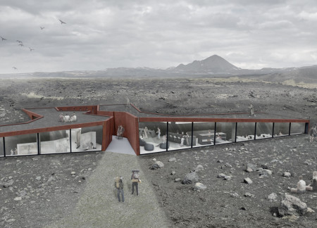Weathering Steel Walls and Tuff Roofs Embrace Volcanic Landscapes in Visitor Center