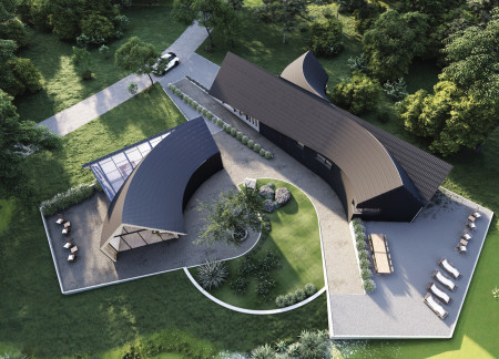 Circular Courtyard Surrounded by Hand-Split Wood Shakes in Dual-Function Artist Residence