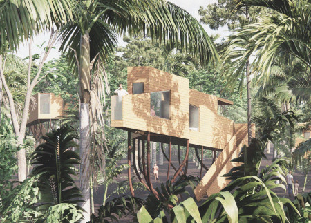 Elevated Yoga Huts with Natural Wood and Stainless Steel Frames