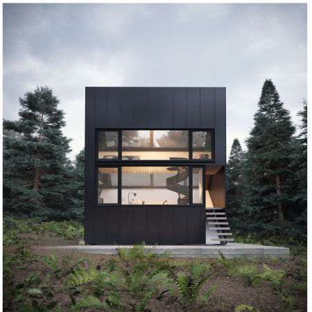 Skylit Tiny House Surrounded by Nature with Composting Features and Wooden Facade
