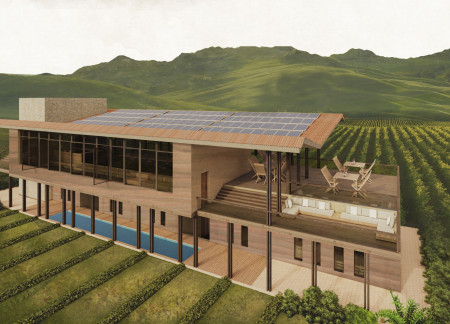 Rammed Earth Walls Framing Panoramic Vineyard Views in a Sustainable Retreat