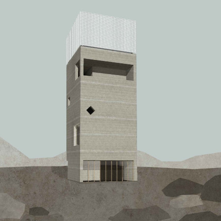 Rammed Earth Structure with Curved Stairs Overlooking Cave Landscape