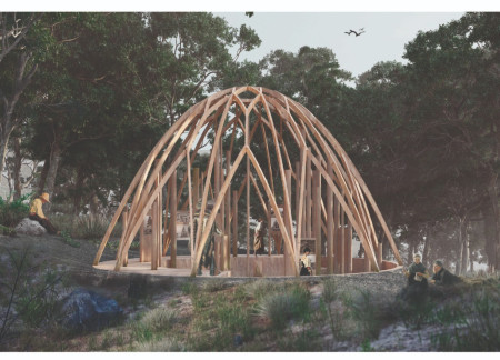 Embracing Natural Light Through Wood Columns in a Forest Pavilion