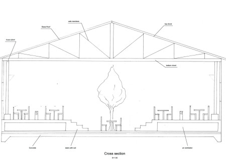 Biophilic Design Featuring Glass Roof and Truss Construction in a Sustainable Dining Space