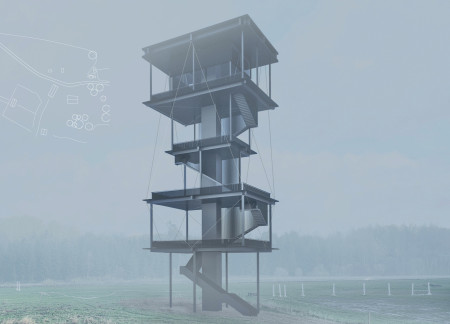 Elevated Viewing Structure Crafted from Steel and Glass with Tension Cables Integrating Natural Landscapes