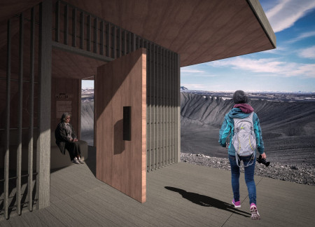 Wind Wall Structure with Wooden Axes Overlooking Volcanic Landscape